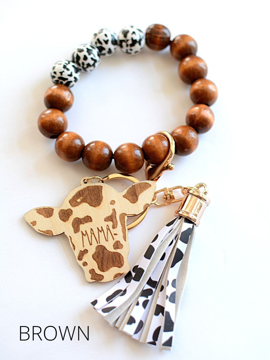 MAMA COW Wood Beaded Key Ring with Tassel