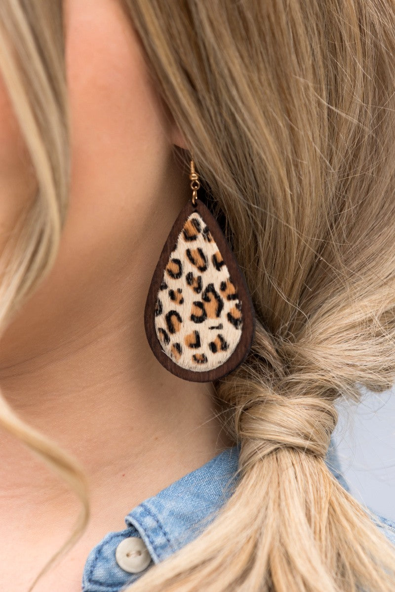 Leather and Wood Teardrop Earrings