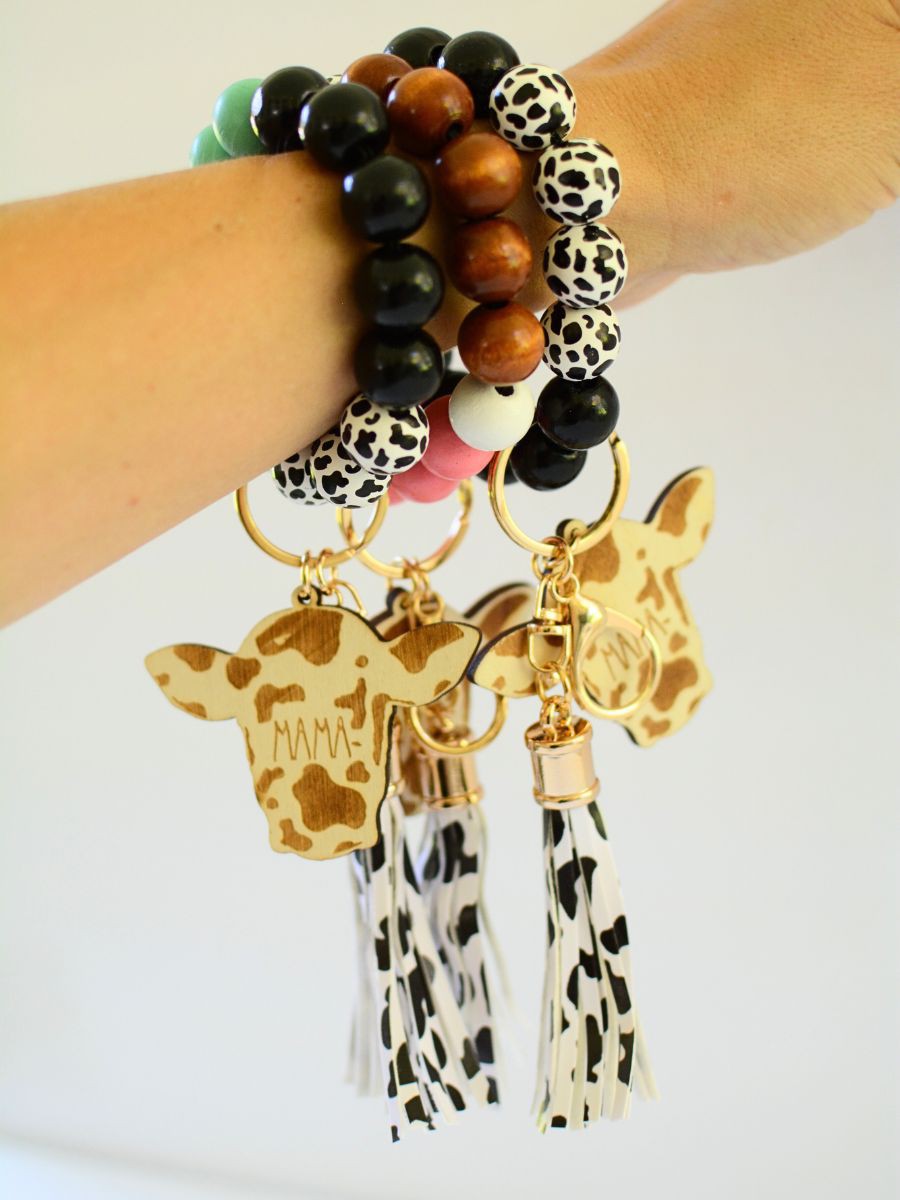 MAMA COW Wood Beaded Key Ring with Tassel