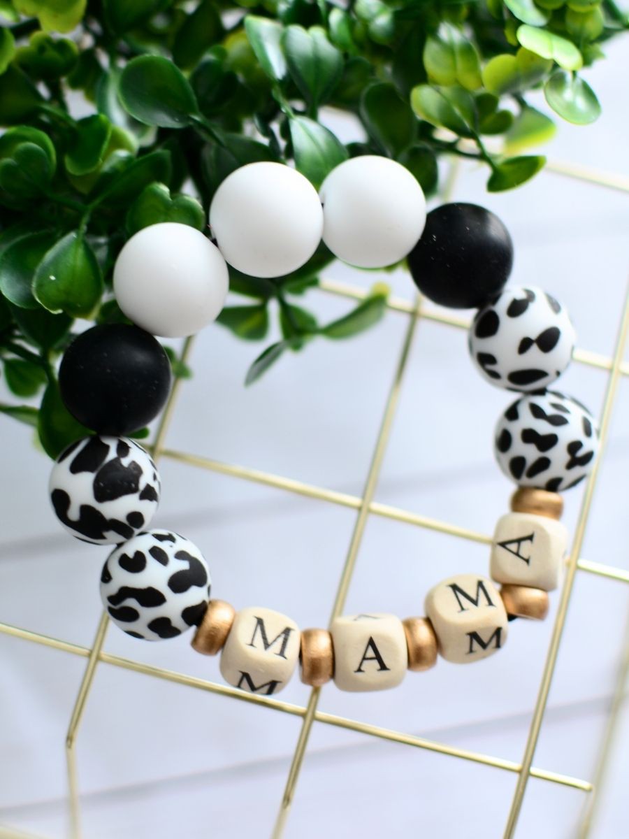 Black and White COW MAMA word bead bracelet