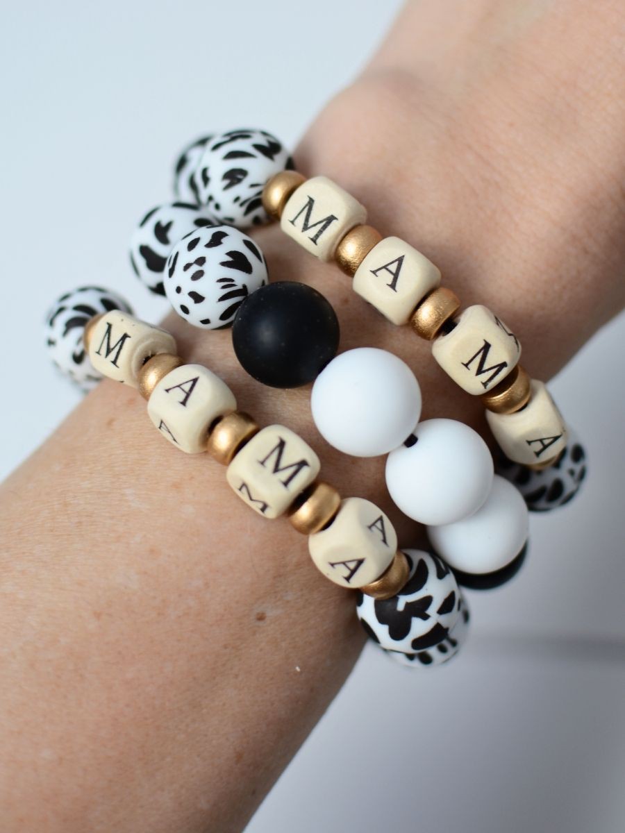 Black and White COW MAMA word bead bracelet