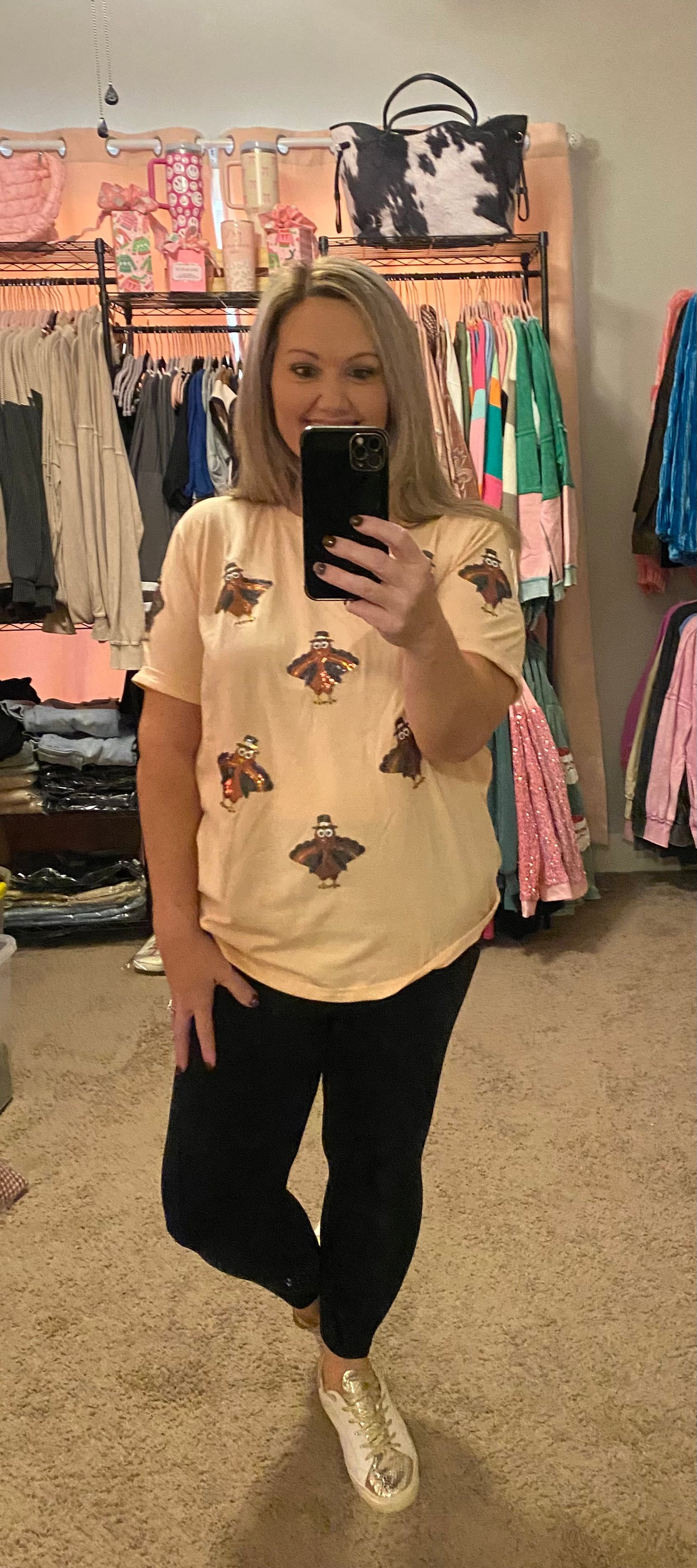 Sequined Turkey Patched Thanksgiving T Shirt