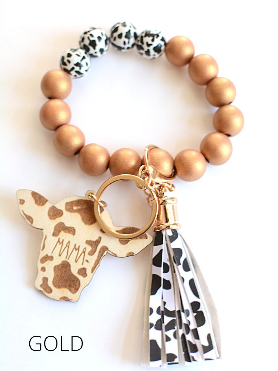 MAMA COW Wood Beaded Key Ring with Tassel