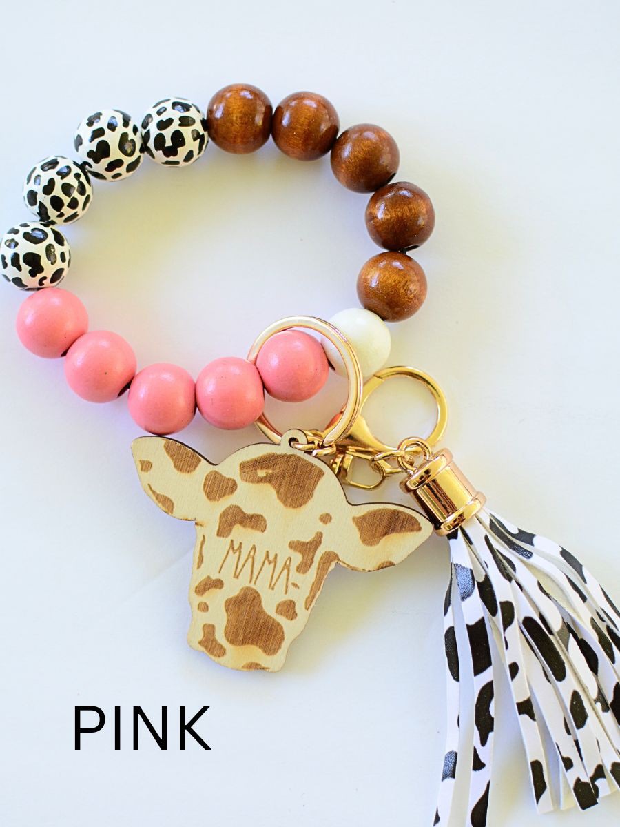 MAMA COW Wood Beaded Key Ring with Tassel