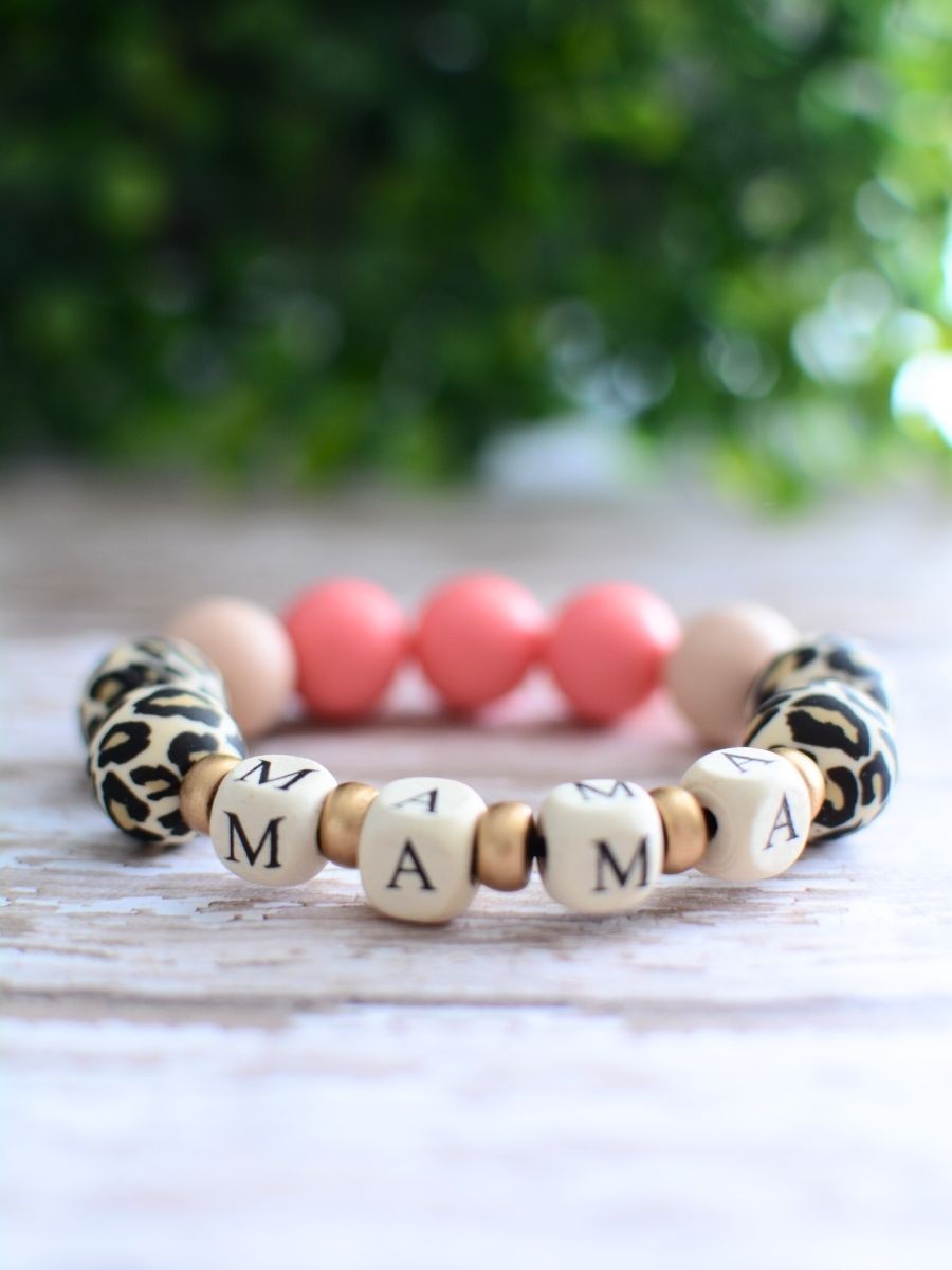 Leopard MAMA word bead PINK bracelet