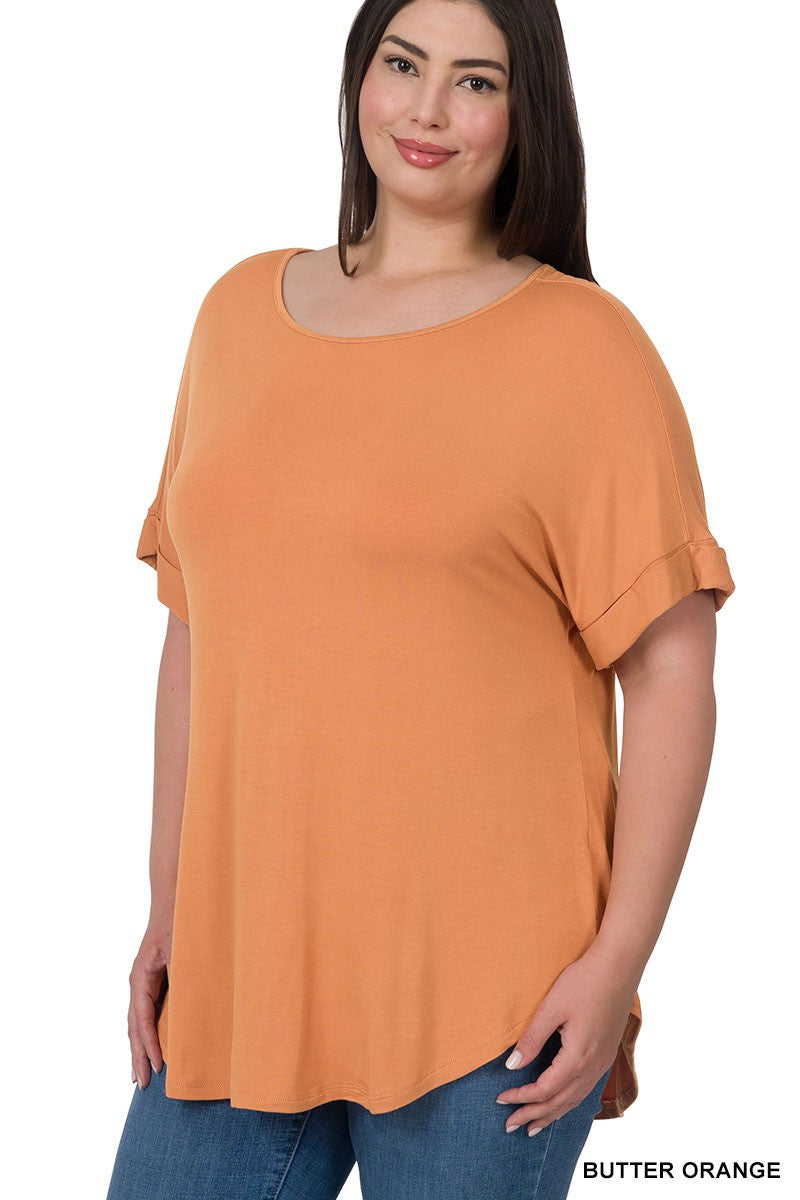 Curvy Rolled Sleeve Boat Neck Top