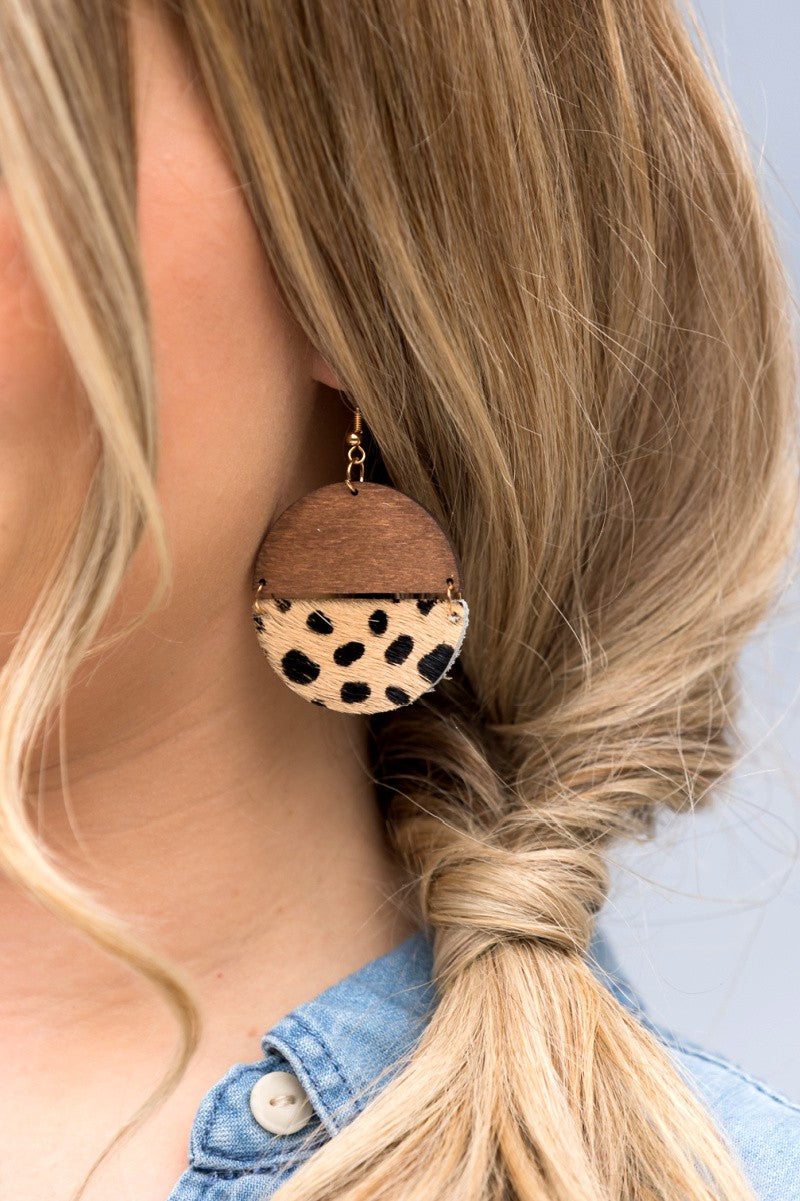 Leather and Wood Half Circle Earrings