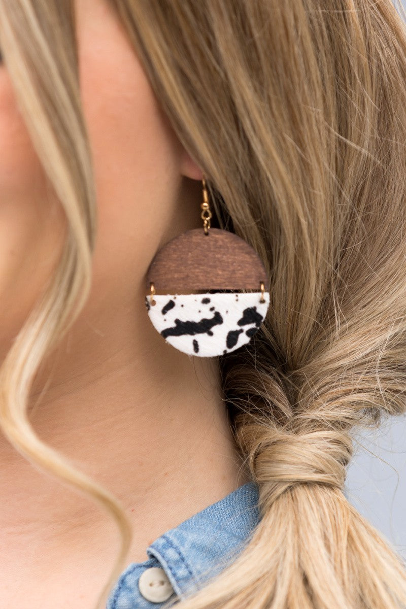 Leather and Wood Half Circle Earrings