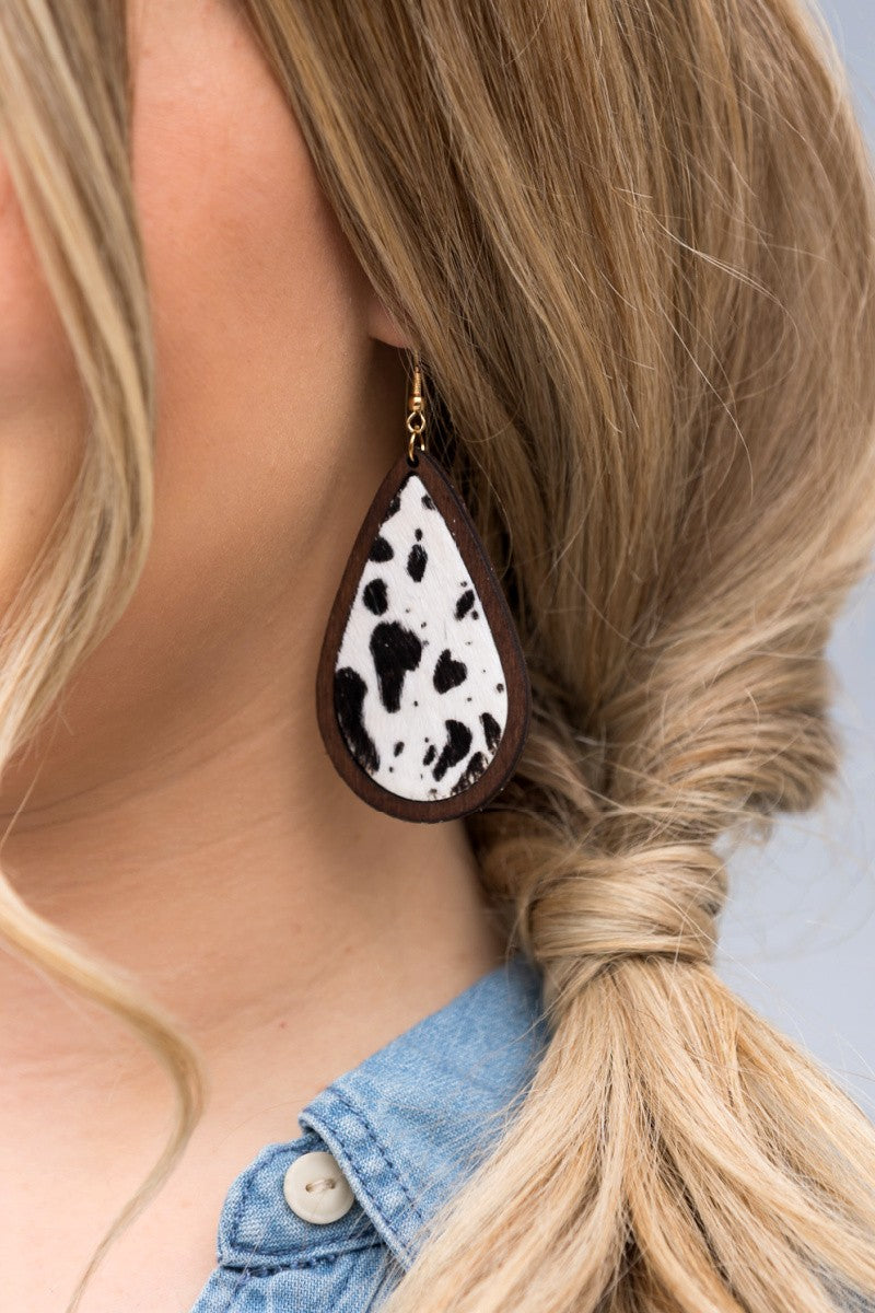 Leather and Wood Teardrop Earrings