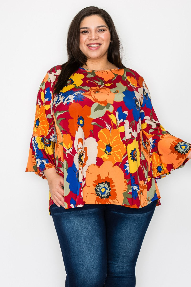 Curvy Ruffle Sleeve Flower Top