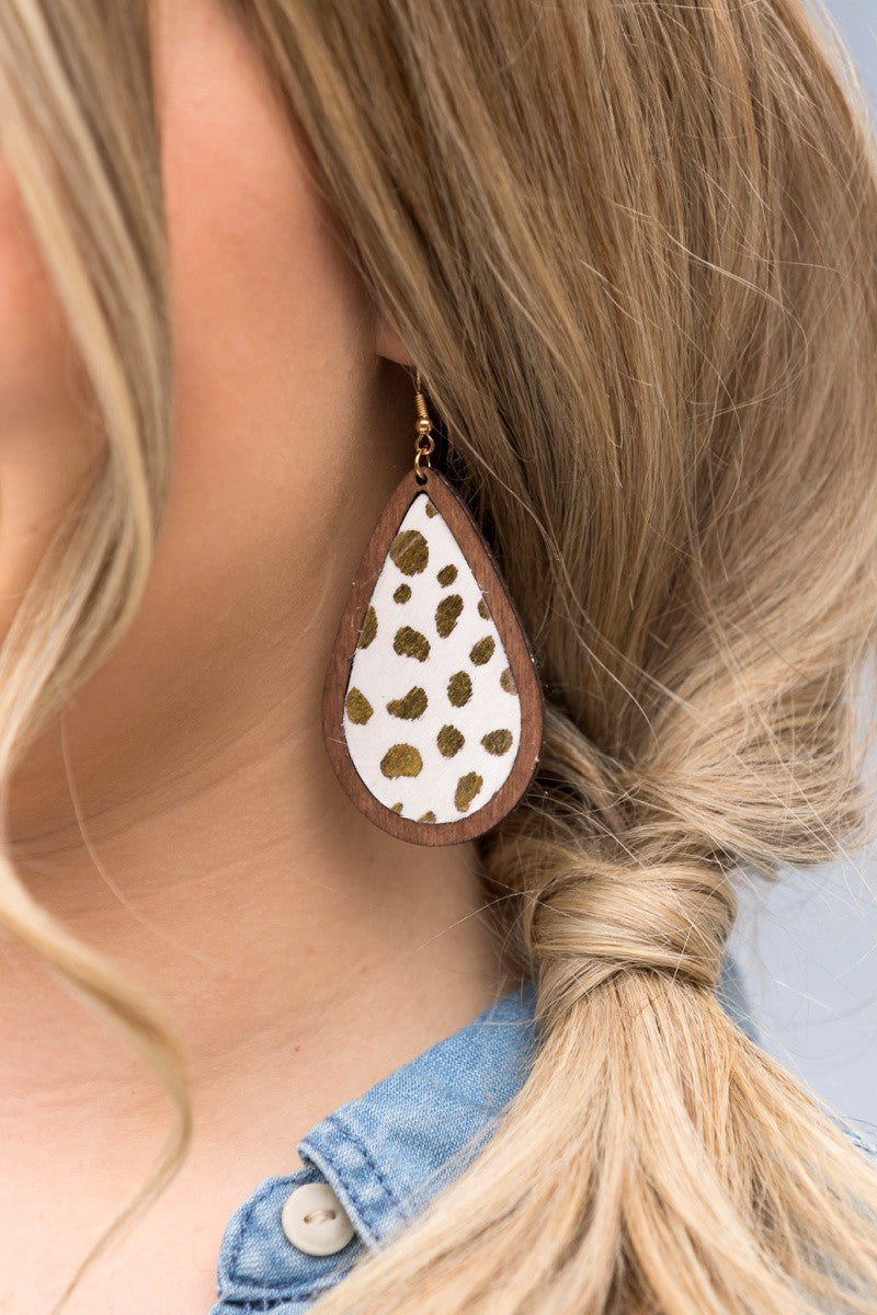 Leather and Wood Teardrop Earrings