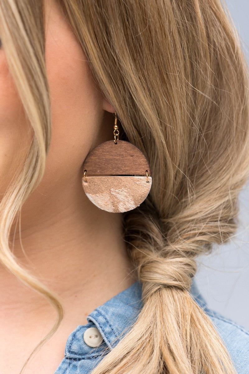 Leather and Wood Half Circle Earrings