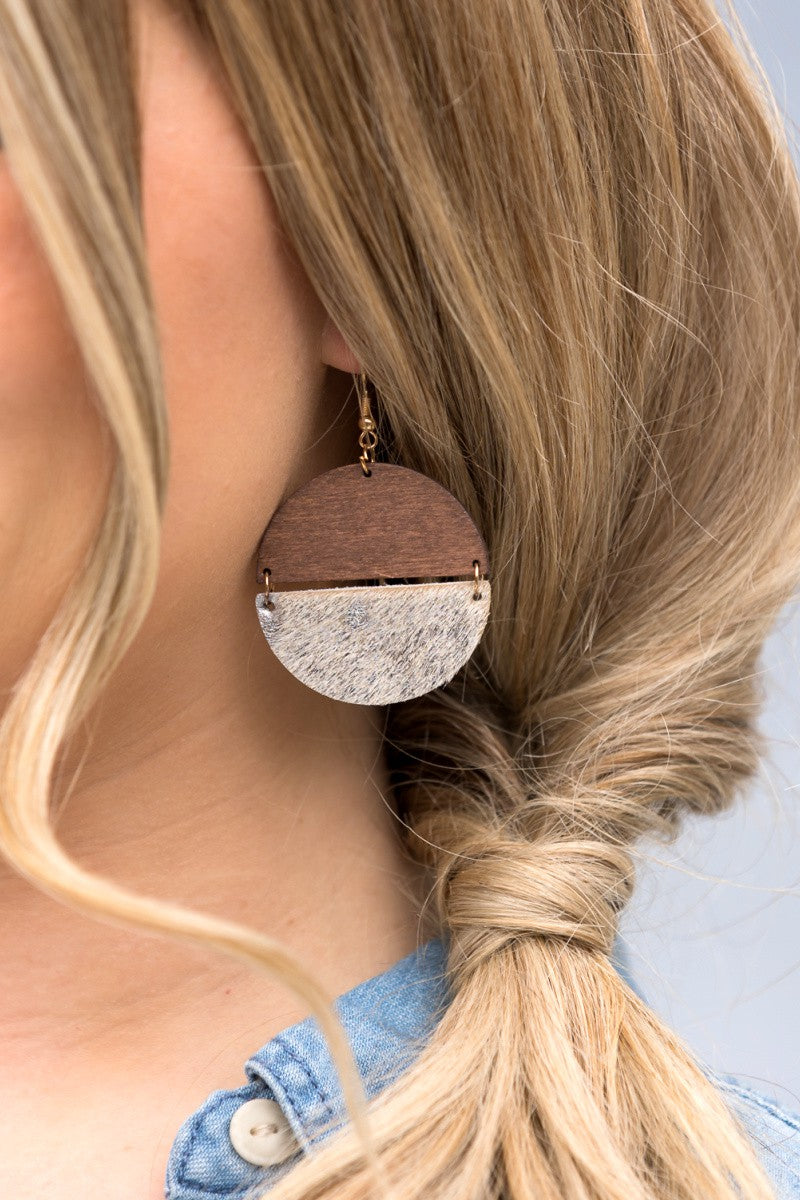 Leather and Wood Half Circle Earrings