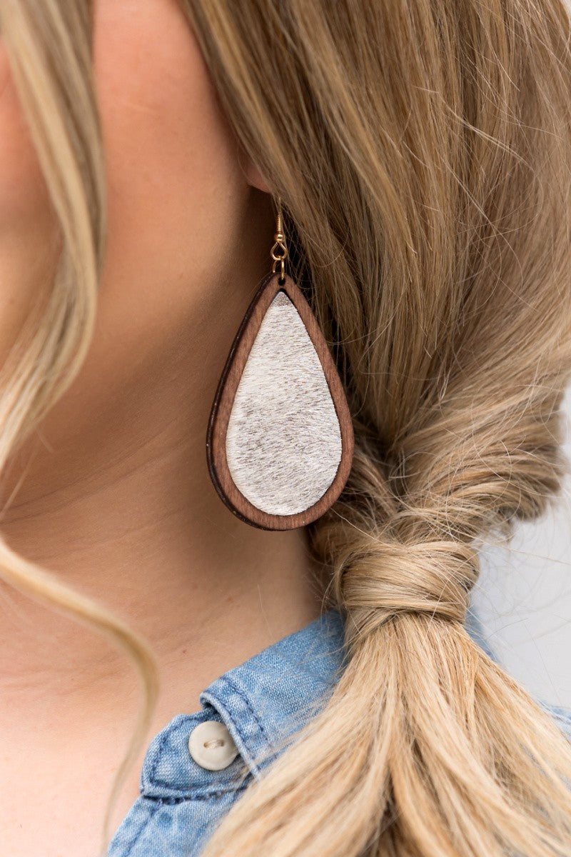 Leather and Wood Teardrop Earrings