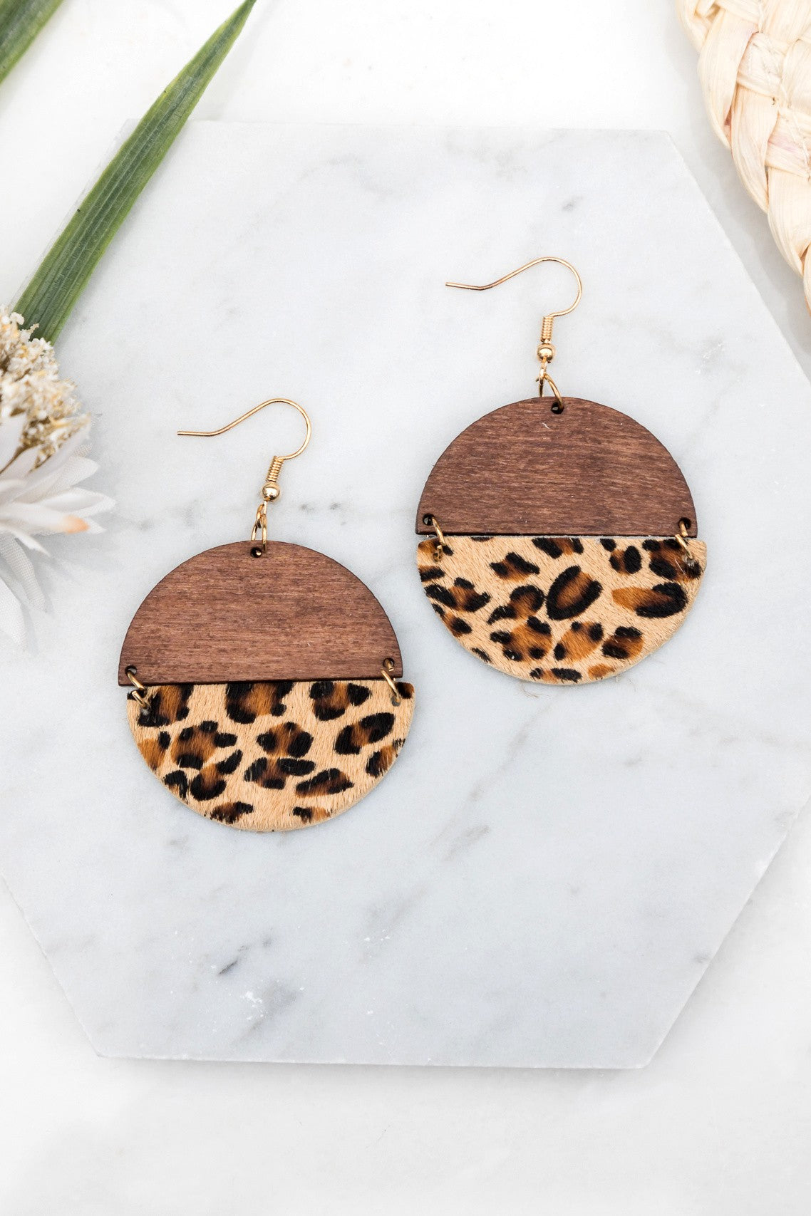 Leather and Wood Half Circle Earrings