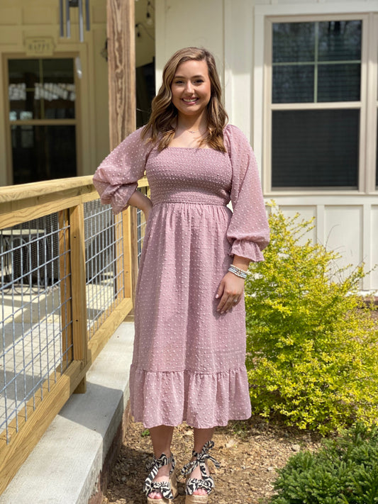 Smocked Long Sleeve Dot Dress